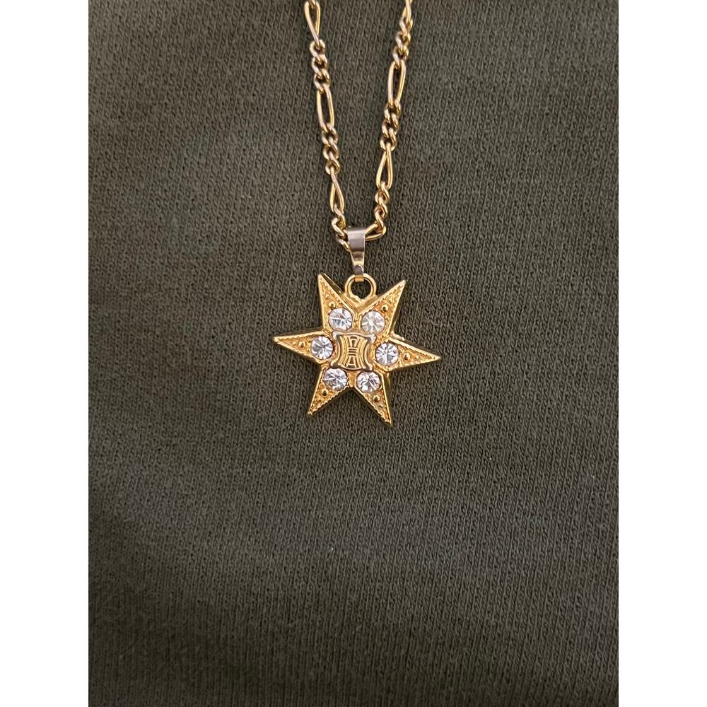Celine Star Pendant Necklace Gold Tone Rhinestone Logo Figaro Chain